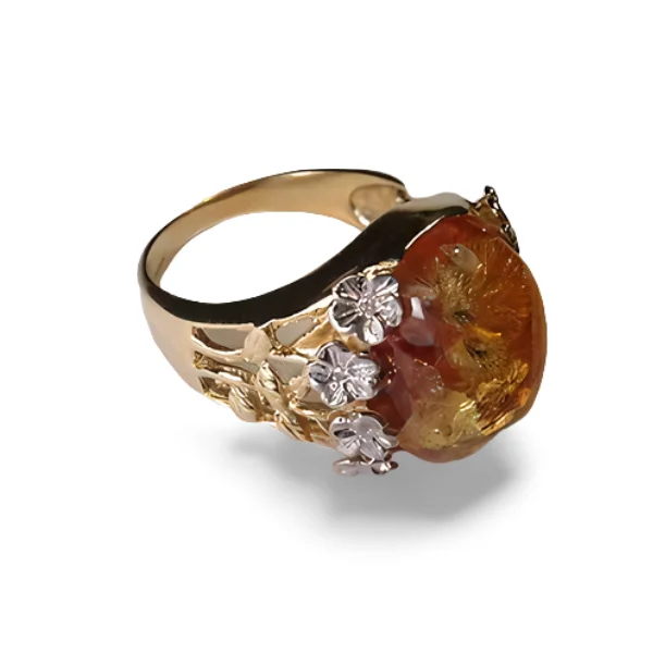 Ladies Rose Gold Rings -Gorgeous Estate 14K Two-Tone 2-Tone Gold Cabochon Amber Diamond Floral Ring Band