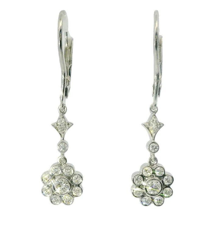 Ladies Earrings with Brown Andalusite-Elegant Estate 14K White Gold Floral Flower Diamond Drop Dangle Earrings