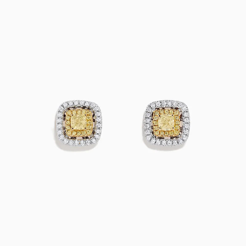 Ladies Earrings Pure Glow-Canare 18K Two Tone Gold Double Halo Yellow Diamond Stud Earrings, 0.76 TCW