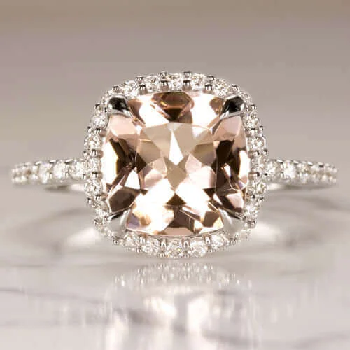 Ladies Engagement Rings Unique Glow-9MM PINK MORGANITE 1/2c DIAMOND CUSHION CUT HALO ENGAGEMENT RING WHITE GOLD PAVE