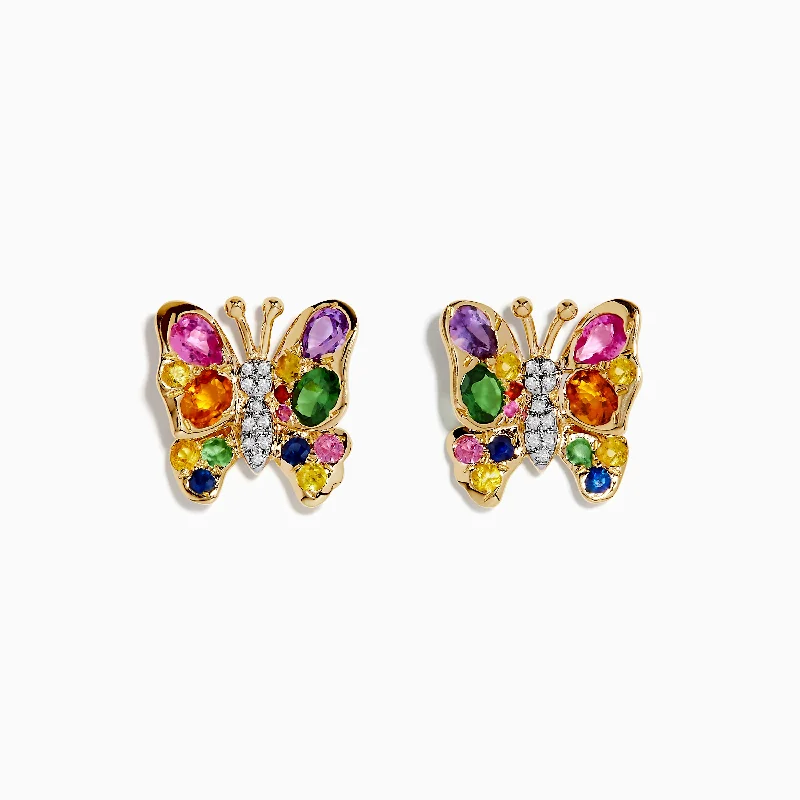 Ladies Earrings with Rust Brookite-Watercolors 14K Yellow Gold Multi Sapphire Butterfly Earrings