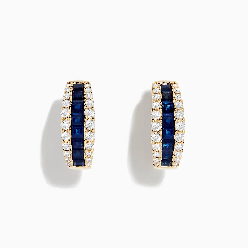 Ladies Earrings for Sport Shine-Royale Bleu 14K Yellow Gold Blue Sapphire and Diamond Hoop Earrings