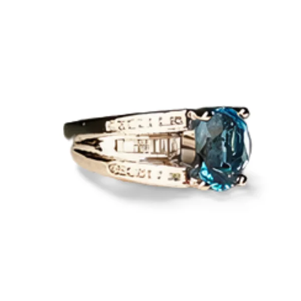 Ladies Sapphire Rings -Beautiful Estate 14K White Gold Blue Topaz Baugette Diamond Ring Band