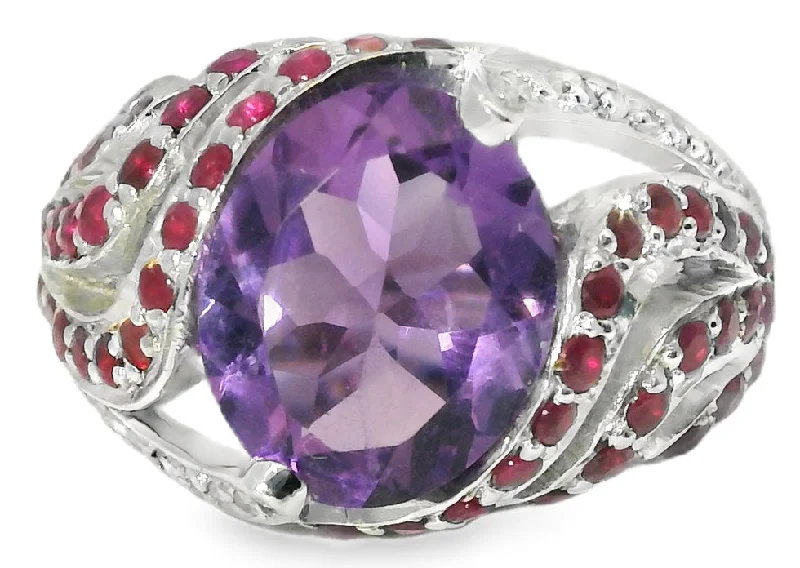 Ladies Minimalist Rings -Gorgeous Estate 14K White Gold Amethyst Ruby Pave Diamond Ring Band