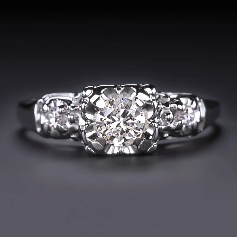 Ladies Engagement Rings Statement Spark-0.38ct VINTAGE DIAMOND ENGAGEMENT RING MID CENTURY ILLUSION CLASSIC WHITE GOLD