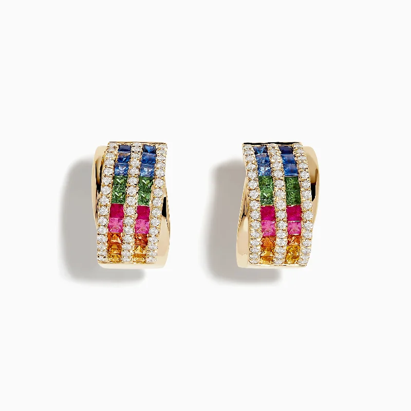 Ladies Earrings for Lawyer Glow-Watercolors 14K Gold Multi Sapphire and Diamond Hoop Earrings