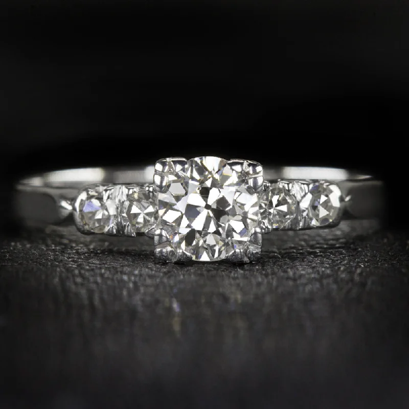 Ladies Engagement Rings Side Spark-0.35ct OLD EUROPEAN CUT DIAMOND VINTAGE ENGAGEMENT RING CLASSIC 14k WHITE GOLD