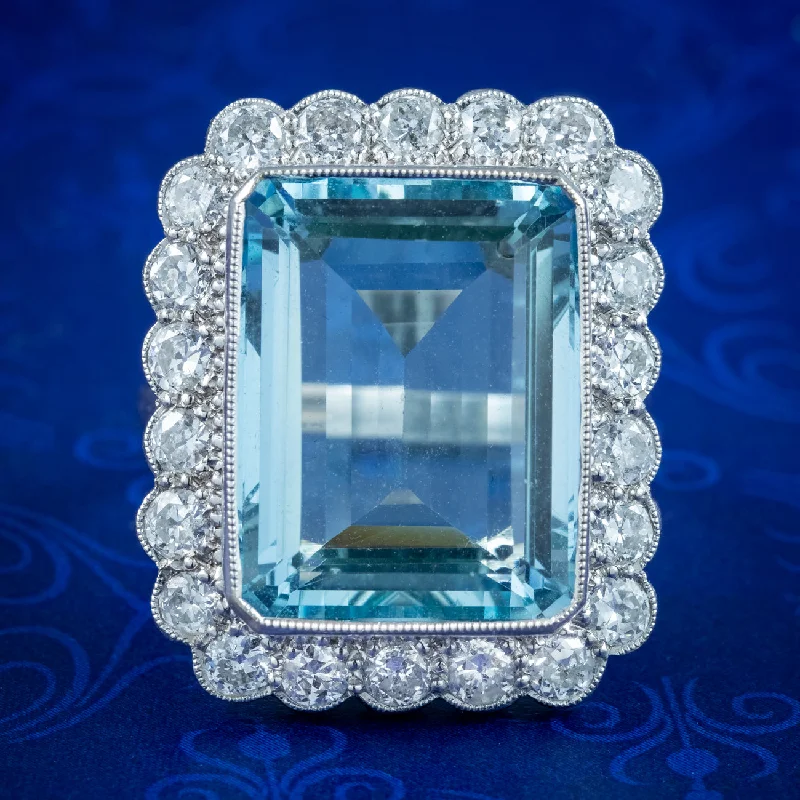 Ladies Cross Rings -Art Deco Style Aquamarine Diamond Cocktail Ring 16ct Aqua