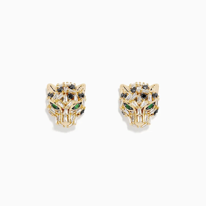 Ladies Earrings with Pure Danburite-Signature 14K Yellow Gold Black and White Diamond Panther Earrings