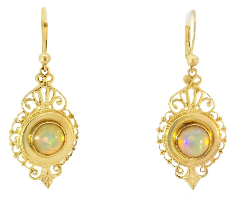 Ladies Earrings with Coral Spark-Victorian Revival 14K Yellow Gold Filigree Opal Drop Dangle Earrings