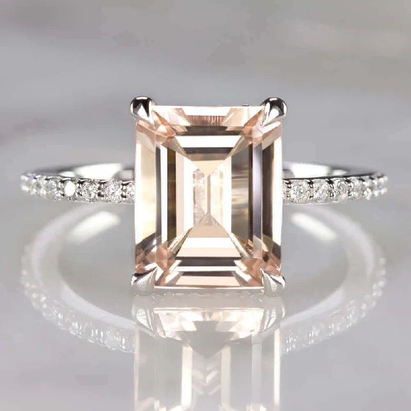 Ladies Engagement Rings Simple Shine-2.5ct EMERALD CUT MORGANITE .42c DIAMOND ENGAGEMENT RING WHITE GOLD PAVE CLASSIC