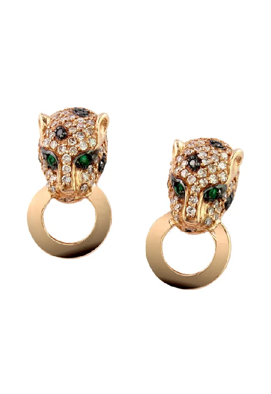 Ladies Earrings with Red Spinel-Signature 14K Rose Gold Diamond & Emerald Earrings, 0.65 TCW