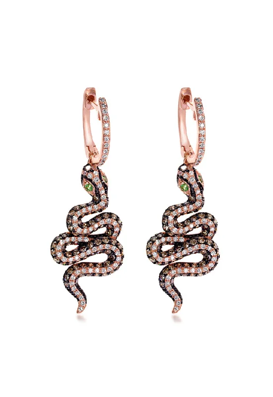 Ladies Earrings with Sea Aquamarine-Nature 14K Rose Gold Espresso and White Diamond Snake Earrings, 1.57 TCW