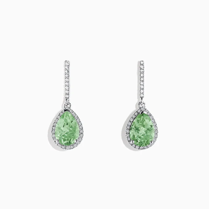 Ladies Earrings for Aunt Spark-14K White Gold Green Amethyst and Diamond Drop Earrings