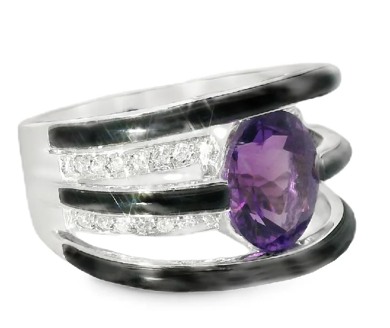 Ladies Gothic Rings -Unique 14K White Gold Diamond Amethyst Onyx Band Ring