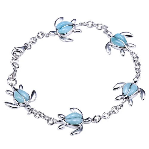 Ladies Phoenix Feather Bracelets -Sterling Silver Larimar Inlay Honu(Turtle) with Link Chain Bracelet