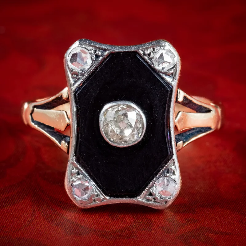 Ladies Spring Rings -Antique Art Deco Onyx Diamond Ring 0.36ct Total