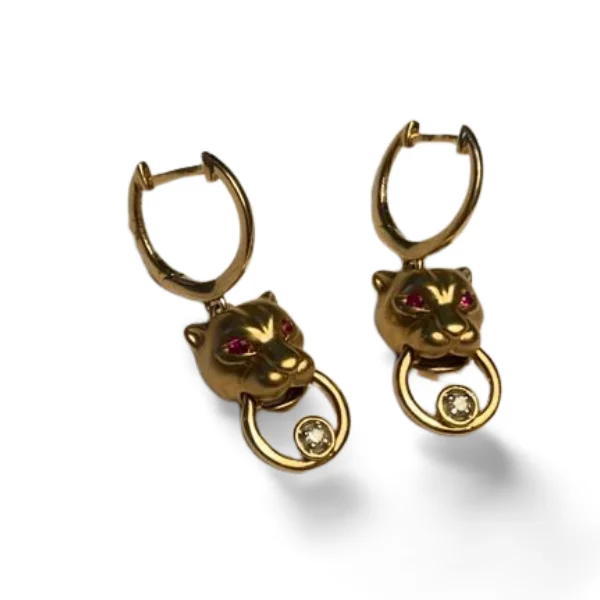 Ladies Earrings with Globe Spark-Stunning 14K Yellow Gold Diamond Ruby Animal Tiger Hanging Earrings