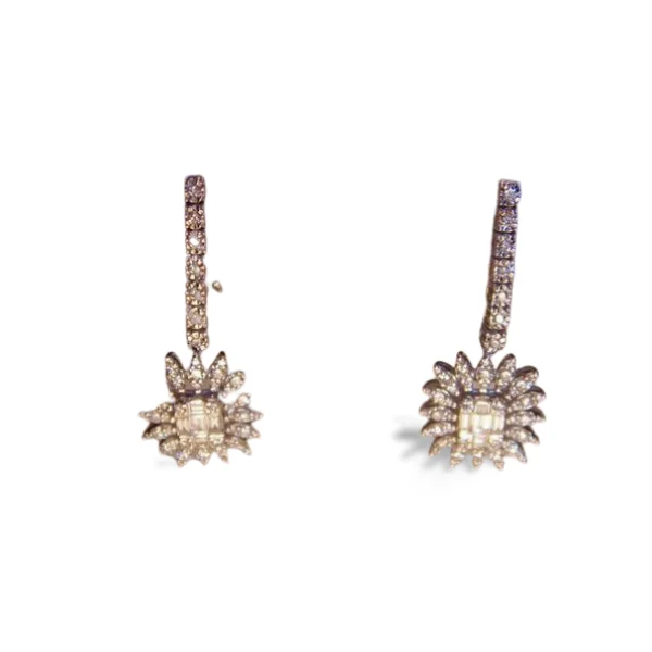 Ladies Earrings Wild Boho-Stunning Estate 18K White Gold Pave Diamond Sunflower Floral Earrings