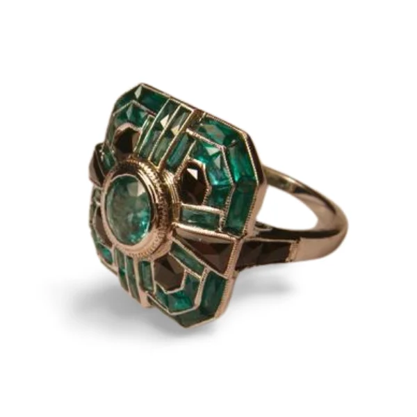 Ladies Celestial Rings -Magnificent Handmade Art Deco 18K White Gold Hand Cut Emerald Onyx Mosaic Ring Band