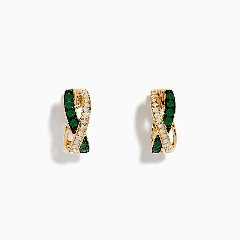 Ladies Earrings with Pink Tourmaline-14K Yellow Gold Emerald and Diamond Crossover Hoop Earrings 1/2"