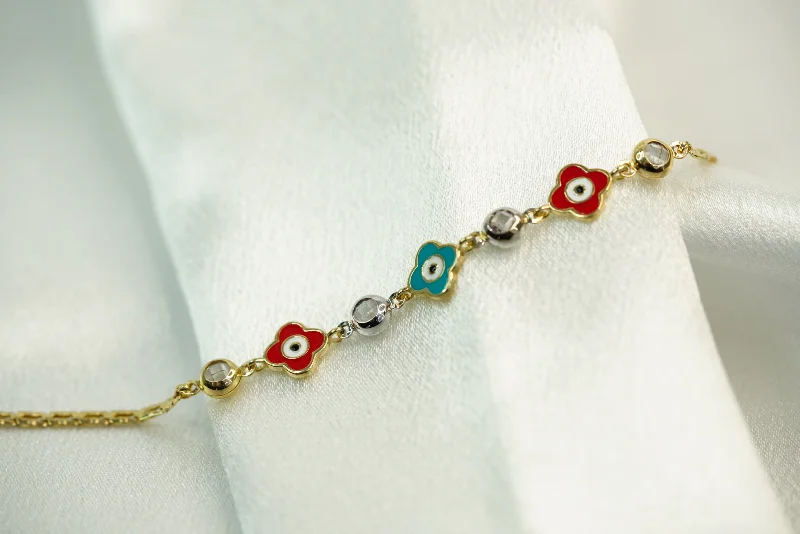 Ladies Key Motif Bracelets -14k Flower Red and Blue Eye Bracelet