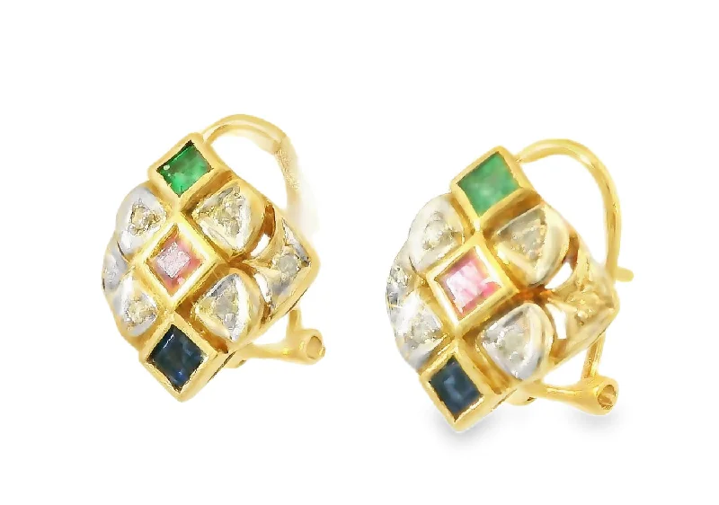 Ladies Earrings for Mom Spark-Gorgeous Estate 18K Yellow Gold Ruby Emerald Sapphire Diamond Earrings