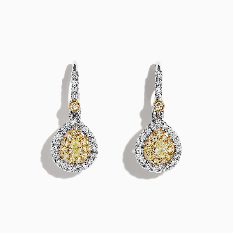 Ladies Earrings with Cross Glow-Canare 18K Two-Tone Gold Double Halo Pear Shaped Yellow Diamond Earrings, 0.99 TCW