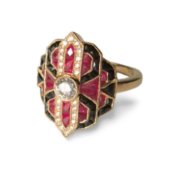 Ladies Resin Rings -Exquisite Art Deco 18K Yellow Gold Diamond Hand Cut Ruby Onyx Ring Band