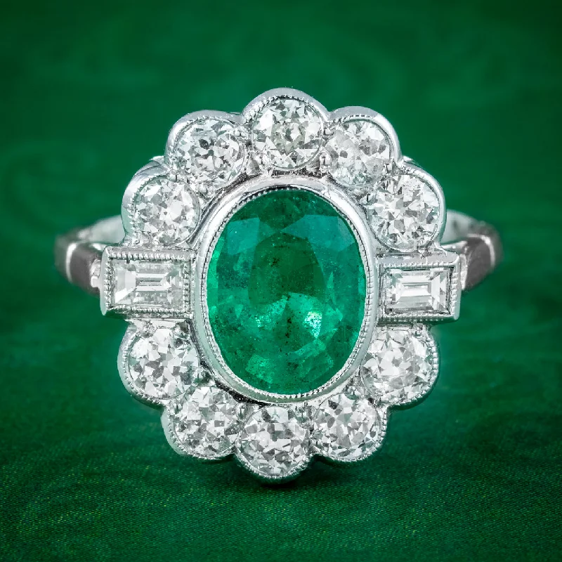 Ladies Oxidized Rings -Art Deco Style Emerald Diamond Cluster Ring 2ct Emerald