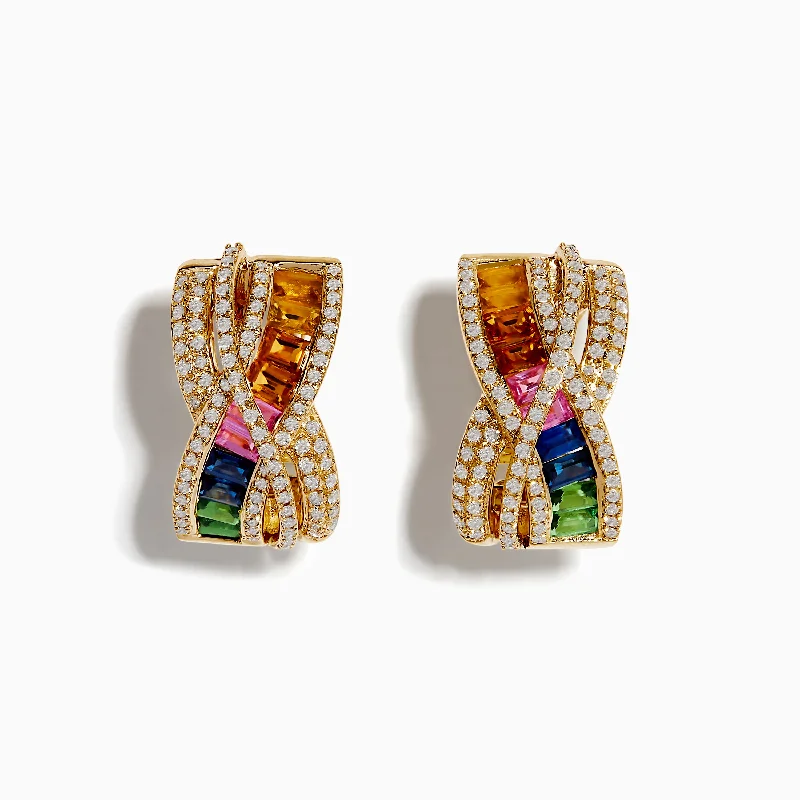 Ladies Earrings for Bride Shine-14K Yellow Gold Multi Color Sapphire and Diamond Crossover Hoop Earrings