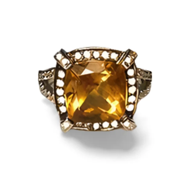 Ladies Wide Rings -Magnificent Estate 14K White Black Gold Citrine Pave Diamond Ring Band