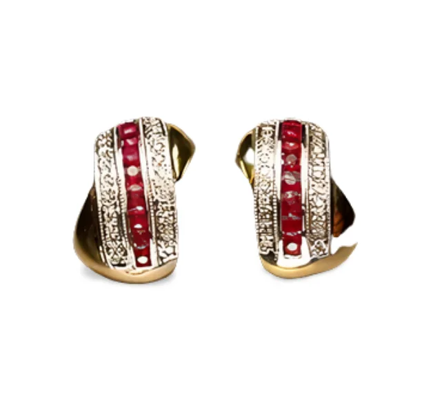 Ladies Earrings with White Muscovite-Exquisite Estate 14K Yellow Gold Diamond Ruby Huggie Half Hoop Earrings