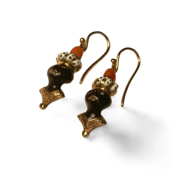 Ladies Earrings for Night Shine-18K Gold Enamel Coral Black Amour Americana Earrings