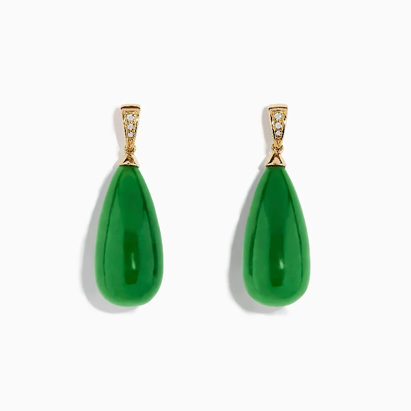 Ladies Earrings with Crystal Drops-14K Yellow Gold Green Jade and Diamond Drop Earrings