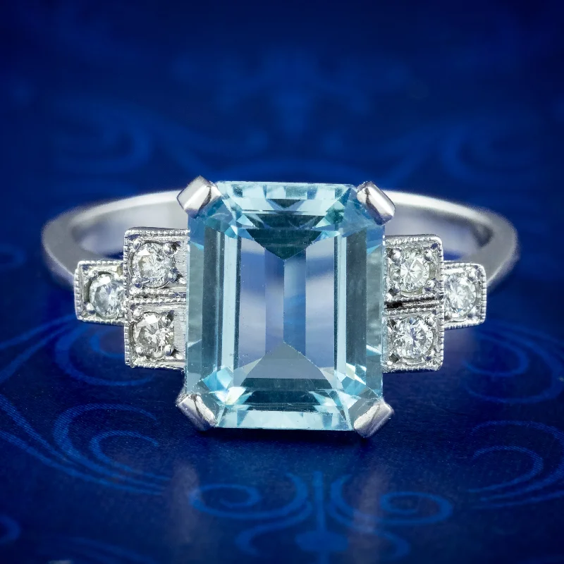 Ladies Birthday Rings -Art Deco Style Aquamarine Diamond Ring 3.5ct Aqua