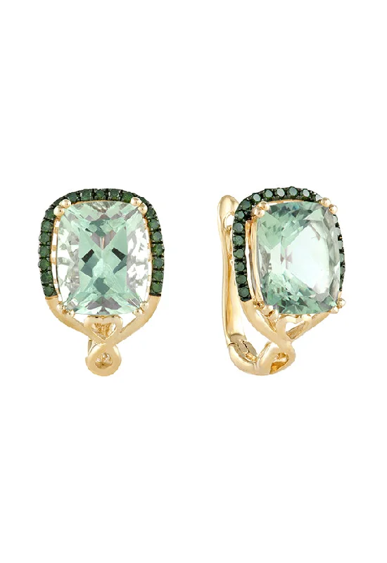 Ladies Earrings Ethnic Glow-14K Yellow Gold Green Amethyst and Diamond Earrings, 5.80 TCW