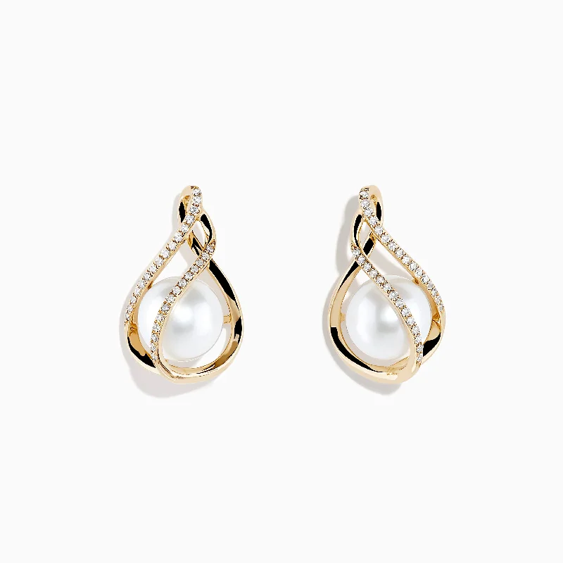 Ladies Earrings for Founder Glow-14K Yellow Gold Diamond Fresh Water Pearl Drop Earrings