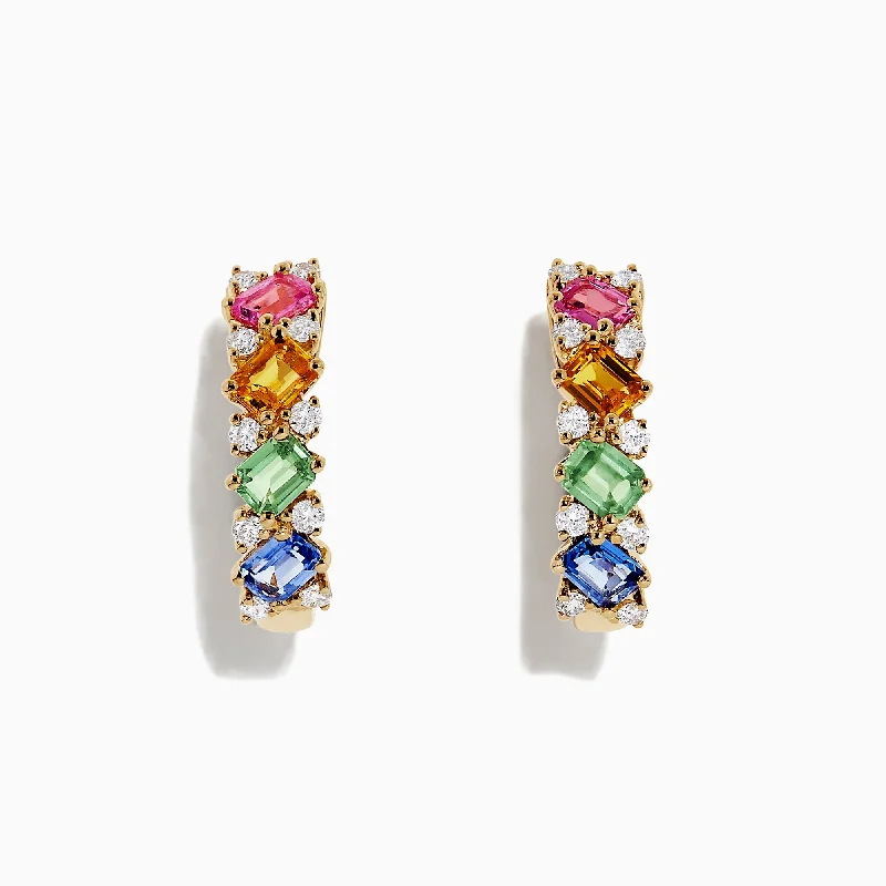 Ladies Earrings with Clear Zircon-Watercolors 14K Gold Multi Sapphire and Diamond Earrings, 2.48 TCW