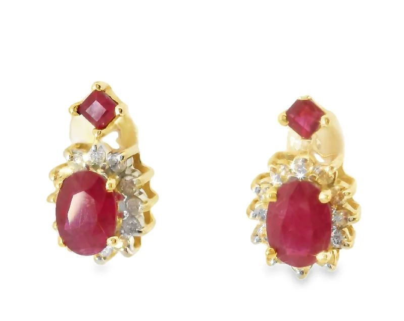 Ladies Earrings with Blush Rhodochrosite-Gorgeous Estate 14K Yellow Gold Diamond Ruby Filigree Earrings