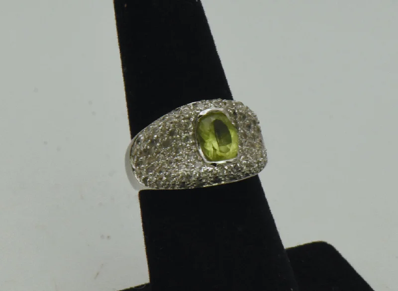 Ladies Rhinestone Rings -Vintage Sterling Silver Peridot and Rhinestones Saddle Ring - Size 6