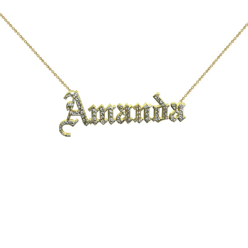 Ladies Necklaces with Frost Muscovite-THE GOTHIC NAMEPLATE NECKLACE (GOLD/DIAMONDS)