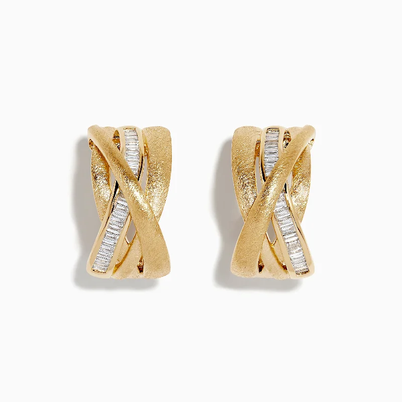 Ladies Earrings with Yellow Herderite-D'Oro 14K Brushed Yellow Gold 3/4" Diamond French Clip Earring