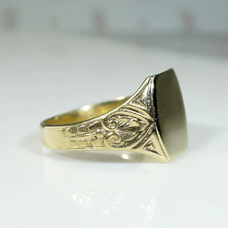 Ladies 18K Gold Rings -Elaborate Foliate Engraved Gold Signet Ring