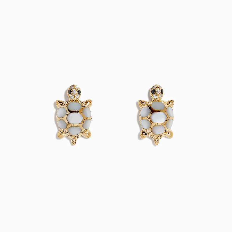 Ladies Earrings Always Glow-14K Yellow Gold Multi Diamond and Mother of Pearl Turtle Stud Earrings