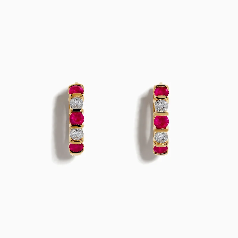 Ladies Earrings Wild Boho-Ruby Royale 14K Yellow Gold Ruby and Diamond 5/8" Hoop Earrings