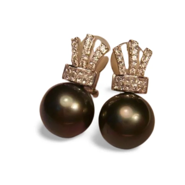 Ladies Earrings with Round Glow-Magnificent 18K White Gold Diamond Huge Tahitian Pearl Crown Earrings