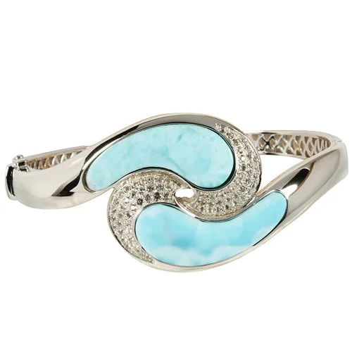 Ladies Sun Glow Bracelets -Sterling Silver Larimar Wave with CZ Bangle Bracelet