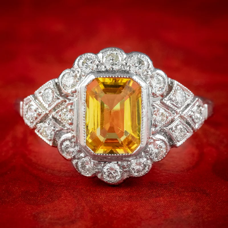 Ladies Brushed Rings -Art Deco Style Yellow Sapphire Diamond Ring 1.2ct Sapphire