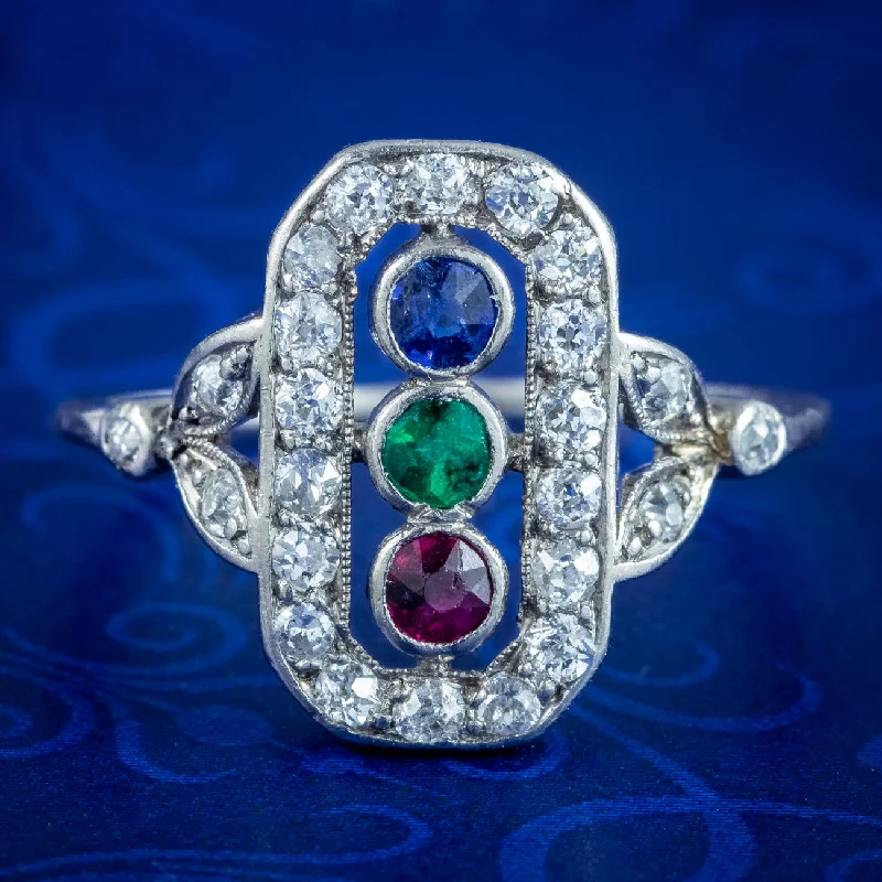 Ladies Dog Rings -Antique Art Deco Emerald Ruby Sapphire Diamond Cluster Ring